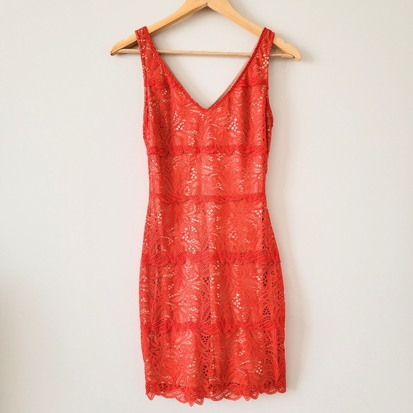 BeBe Betsy Border V-neck Lace Day dress /Fiery Red - Picture 2 of 9